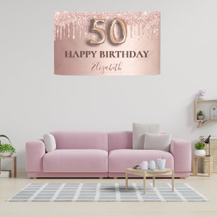 Banderoles 50e anniversaire rose or parties scintillant rose 