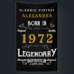 Banderoles 50th Birthday 1972 Ajouter le nom Black Gold Legen<br><div class="desc">Bannière d'anniversaire personnalisée. Ajoutez le nom à cette bannière d'anniversaire d'impression rétro de style vintage. Modifiez le nom et l'année avec le modèle fourni. Un magnifique mur d'anniversaire noir personnalisé accroché à la typographie vintage blanche et or. Plus de cadeaux et de fournitures de fête disponibles avec le design "légendaire"...</div>