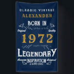 Banderoles 50th Birthday 1972 Ajouter Nom Blue Gold Legendary<br><div class="desc">Bannière d'anniversaire personnalisée. Ajoutez le nom à cette bannière d'anniversaire d'impression rétro de style vintage. Modifiez le nom et l'année avec le modèle fourni. Un magnifique mur d'anniversaire bleu personnalisé accroché à la typographie vintage blanche et or. Plus de cadeaux et de fournitures de fête disponibles avec le design "légendaire"...</div>