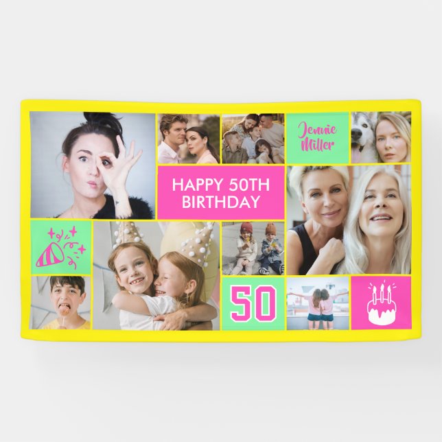 Banderoles 50th Birthday Custom Photo Collage Neon Yellow (Horizontal)