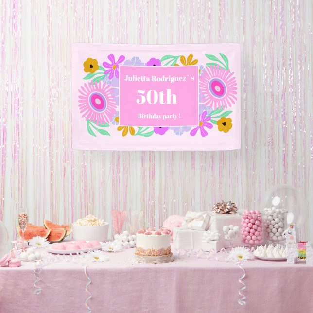 Banderoles 50th birthday pink modern cute floral chic Banner (Fête)