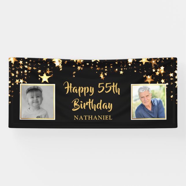 Banderoles 55e anniversaire Black Gold Stars Photos Personnal (Horizontal)