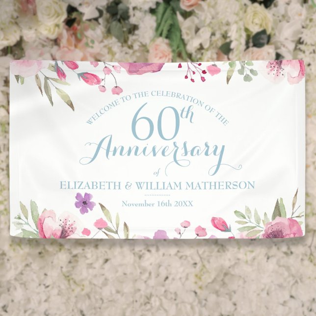 Banderoles 60e anniversaire Aquarelle Rose Floral Bienvenue (60th Anniversary Watercolor Roses Floral Welcome Banner)