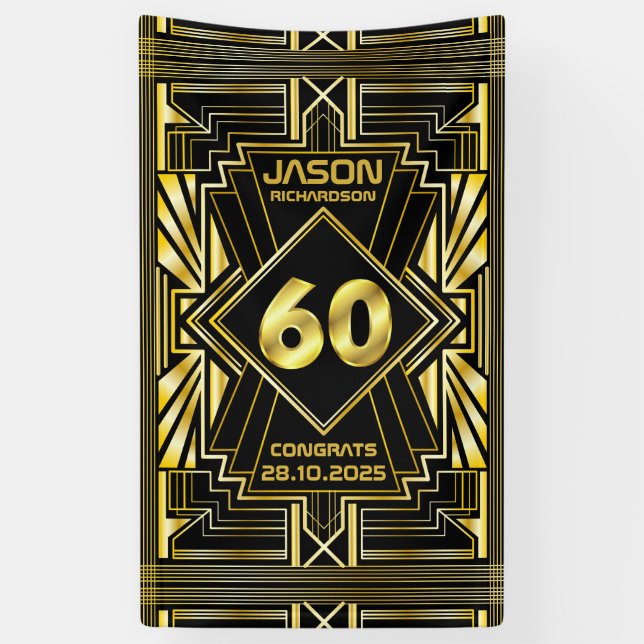 Banderoles 60e anniversaire Art Déco Gold Black Great Gatsby (Vertical)