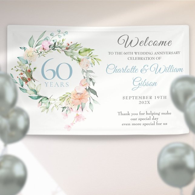 Banderoles 60e anniversaire de Mariage de diamant Roses Bienv (60th Diamond Wedding Anniversary Roses Welcome Banner)
