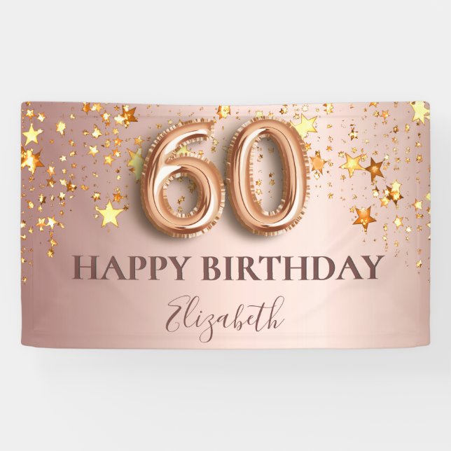 Banderoles 60e anniversaire rose or étoiles script ballon ros (Horizontal)