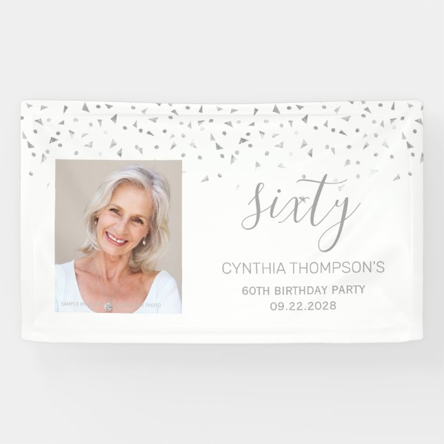 Banderoles 60e anniversaire White Silver Confetti Photo (Horizontal)