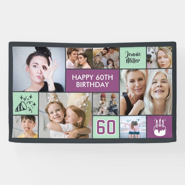 Banderoles 60th Birthday Custom Photo Collage Purple Green (Horizontal)