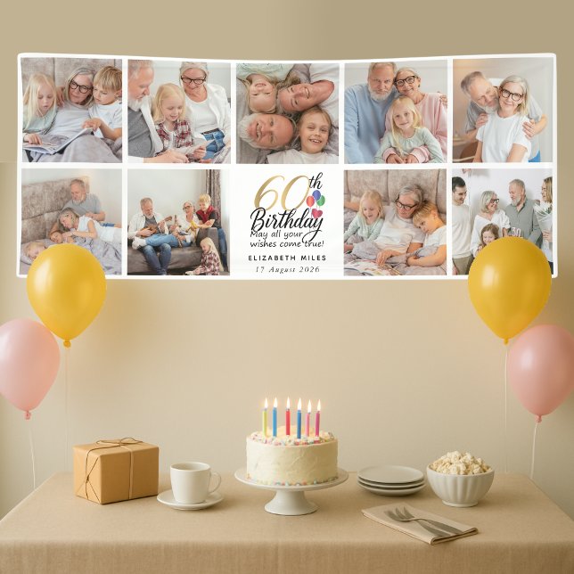 Banderoles 60th Birthday Photo Collage Gold Script Typography (Créateur téléchargé)