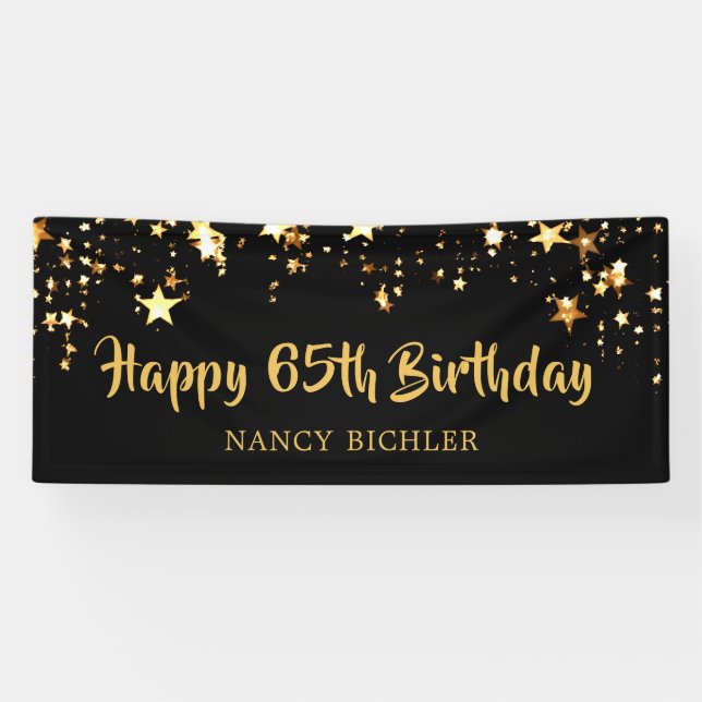 Banderoles 65e anniversaire Brush Script Black Gold Stars (Horizontal)