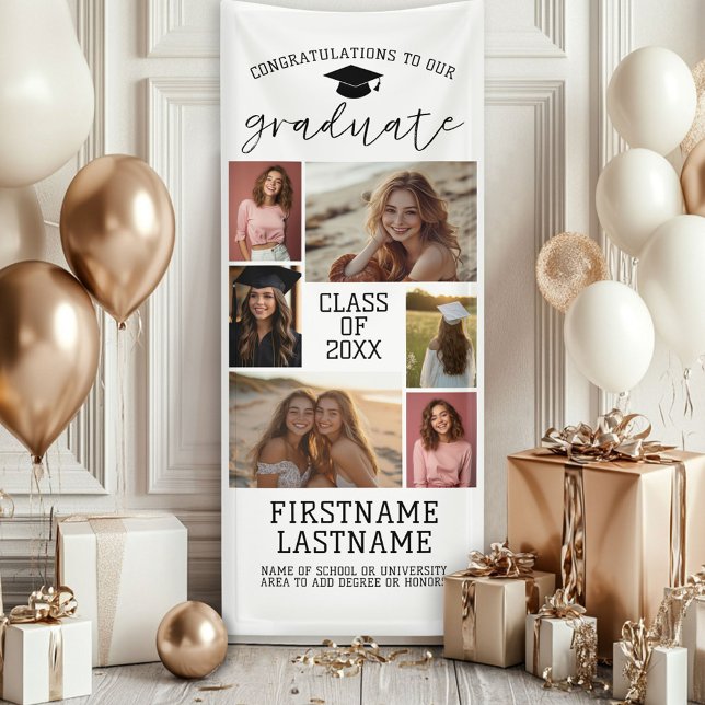Banderoles 6 Photo Collage Graduation Moderne Minimal Blanc (Custom Graduation Photo Banner - Great backdrop and Graduation Party Decoration)
