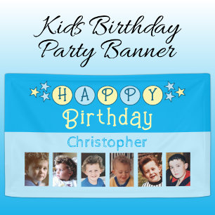 Banderoles 6 photos joyeux anniversaire nom enfants bleu fête