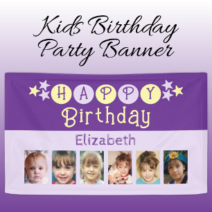 Banderoles 6 photos joyeux anniversaire nom enfants violet fê