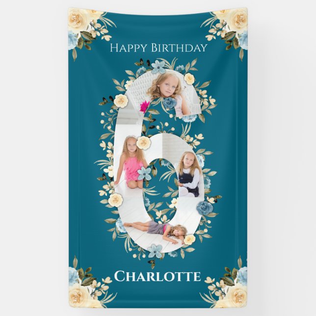 Banderoles 6e anniversaire Turquoise Fleur photo Collage bleu (Vertical)