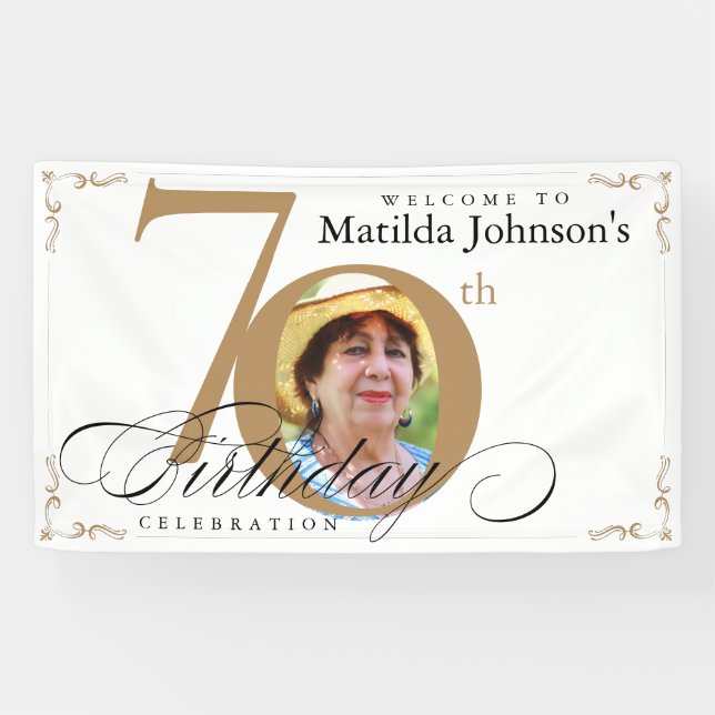 Banderoles 70e anniversaire Gold White Calligraphie Photo per (Horizontal)
