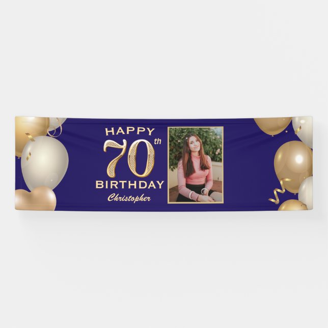 Banderoles 70e Anniversaire Marine Bleu et Ballons d'or (Horizontal)