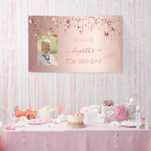 Banderoles 70e anniversaire photo rose or rose glittery stars