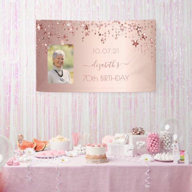Banderoles 70e anniversaire photo rose or rose glittery stars (Fête)