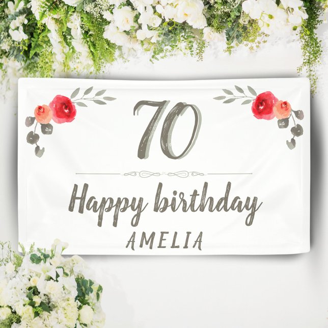 Banderoles 70e anniversaire Script Watercolor Rose Floral Par (Créateur téléchargé)