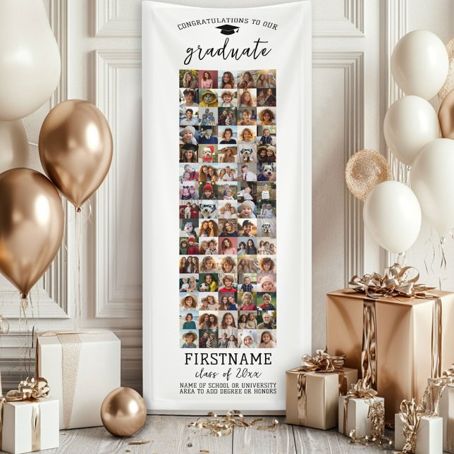 Banderoles 75 Photo Collage Graduation Moderne Minimal Blanc (Custom Graduation Banner - Great for a backdrop or Grad Party Decoration)
