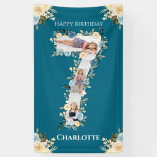 Banderoles 7e anniversaire Fleur Turquoise photo Collage bleu