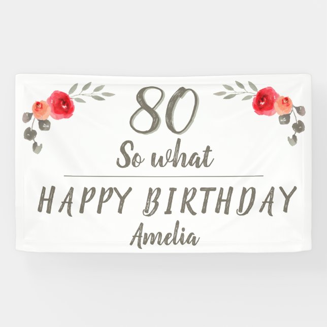 Banderoles 80e anniversaire aquarelle Rose fleurs florales (Horizontal)