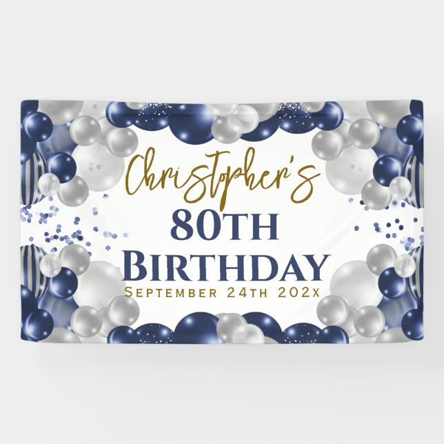 Banderoles 80e anniversaire Blue Balloons Party Bienvenue (Horizontal)