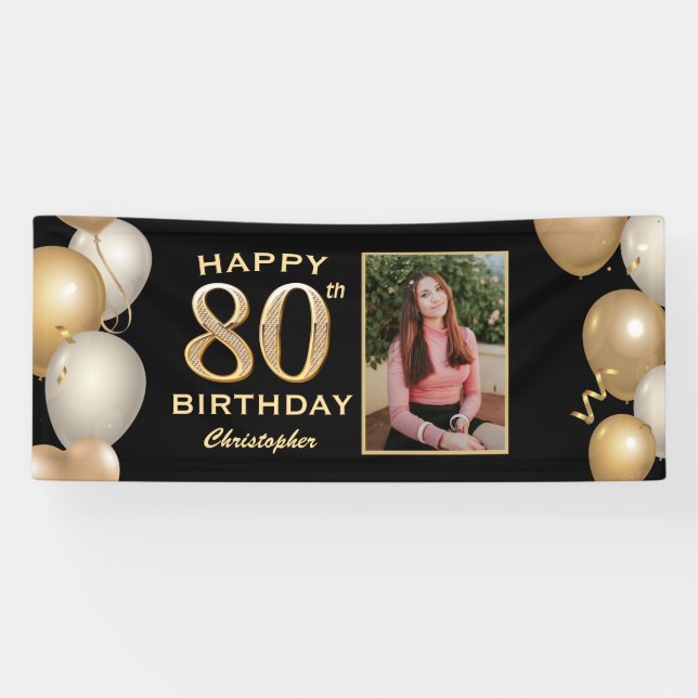Banderoles 80e anniversaire de la fête Ballons Noir et Or Pho (Horizontal)
