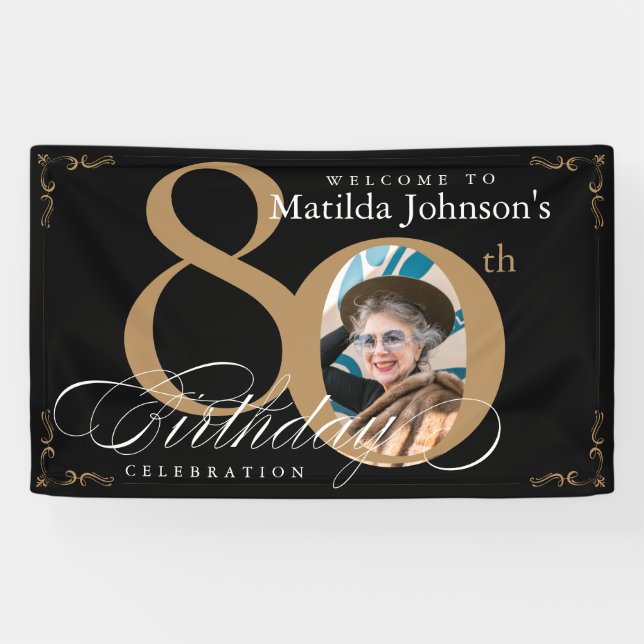 Banderoles 80e anniversaire Elegant Gold Calligraphy Black Ph (Horizontal)