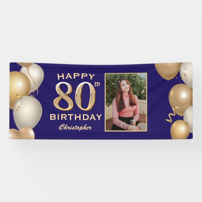 Banderoles 80e Anniversaire Marine Bleu et Ballons d'or (Horizontal)
