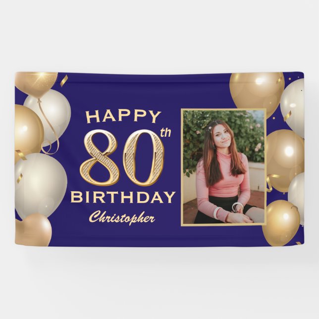 Banderoles 80e Anniversaire Marine Bleu et Ballons d'or (Horizontal)