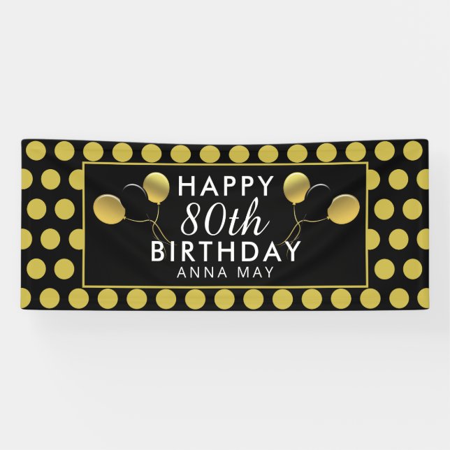 Banderoles 80e anniversaire Noir et or Pois Nom (Horizontal)