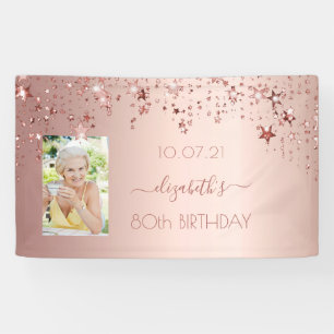 Banderoles 80e anniversaire photo rose or rose glittery stars