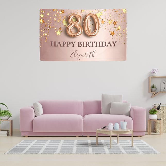 Banderoles 80e anniversaire rose or étoiles script ballon ros (Créateur téléchargé)