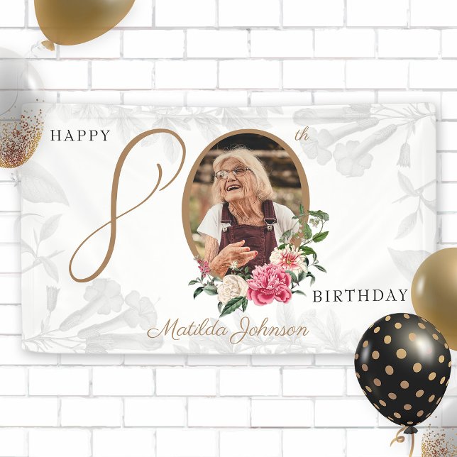 Banderoles 80e anniversaire White Gold Floral Botanical Photo (80th Birthday White Gold Floral Botanical Photo Banner)