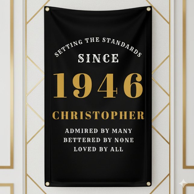 Banderoles 80th Birthday Born 1946 Add Name Black Gold (1946 Wall Banner. White and gold background.)