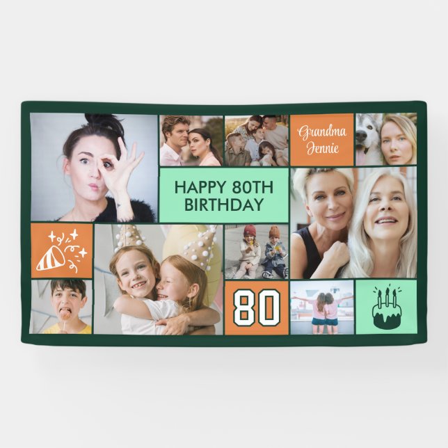 Banderoles 80th Birthday Custom Photo Collage Green Orange (Horizontal)