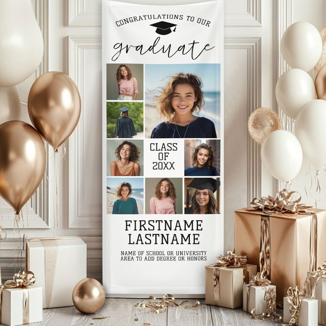 Banderoles 8 Collage Photo Diplôme Moderne Minimaliste Blanc (Custom Graduation Photo Banner - Great backdrop and Graduation Party Decoration)