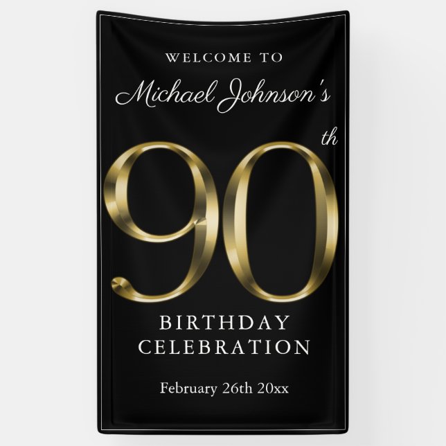 Banderoles 90e anniversaire Black Gold Elegant Welcome Party (Vertical)