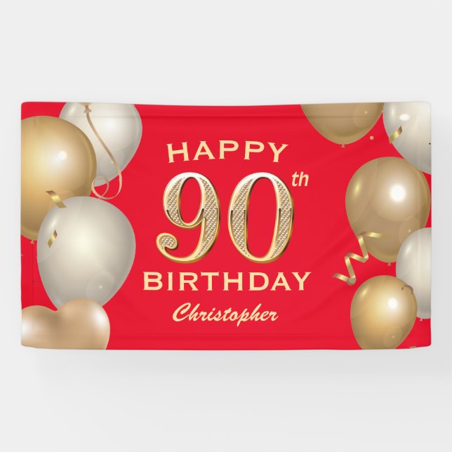 Banderoles 90e Anniversaire des Ballons rouges et or (Horizontal)