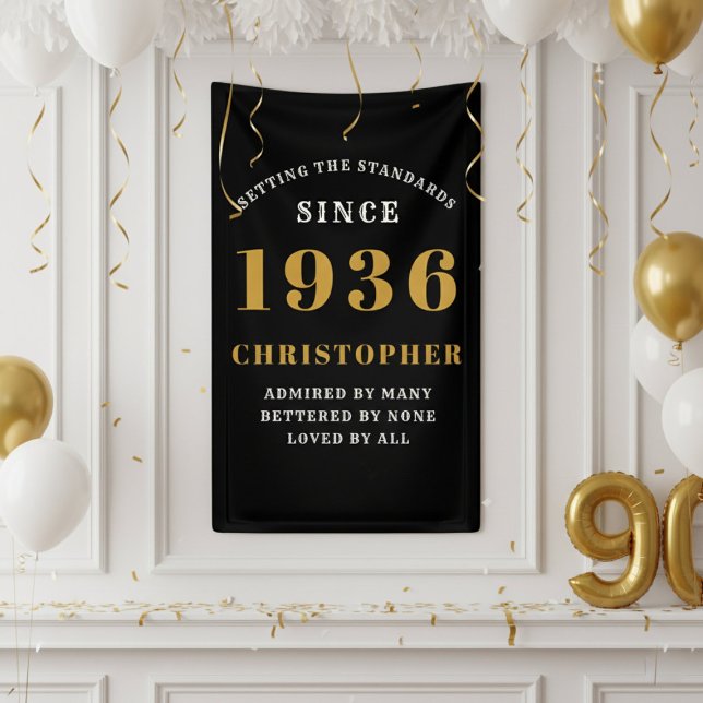 Banderoles 90e anniversaire Né en 1936 Ajouter un nom Noir Or (1936 black and gold banner with white background)