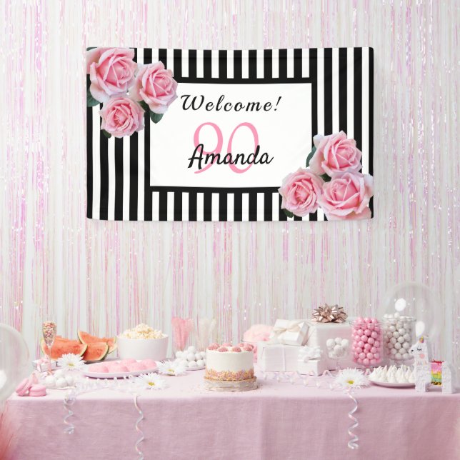 Banderoles 90e anniversaire noir rayures blanches florales (Fête)