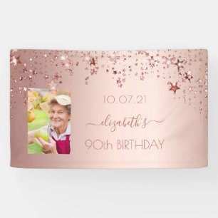 Banderoles 90e anniversaire photo rose or rose étoiles