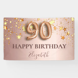 Banderoles 90e anniversaire rose or étoiles script ballon ros