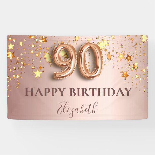 Banderoles 90e anniversaire rose or étoiles script ballon ros (Horizontal)