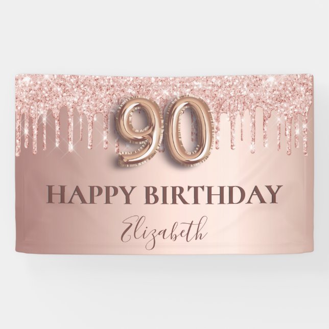 Banderoles 90e anniversaire rose or parties scintillant rose  (Horizontal)