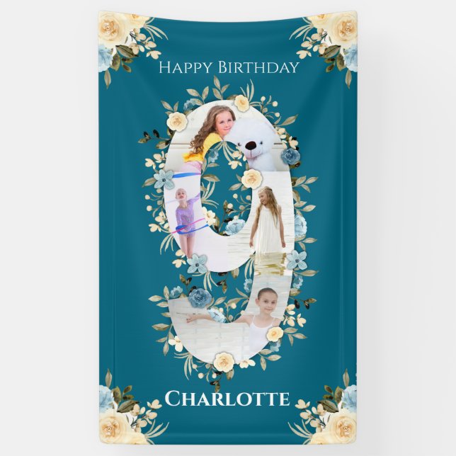 Banderoles 9e anniversaire Turquoise Fleur photo Collage bleu (Vertical)