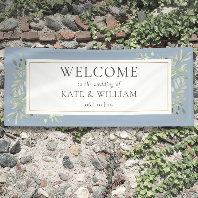 Banderoles Accueil de mariage avec feuillage de verdure bleu  (Dusty Blue Greenery Foliage Wedding Welcome Banner)