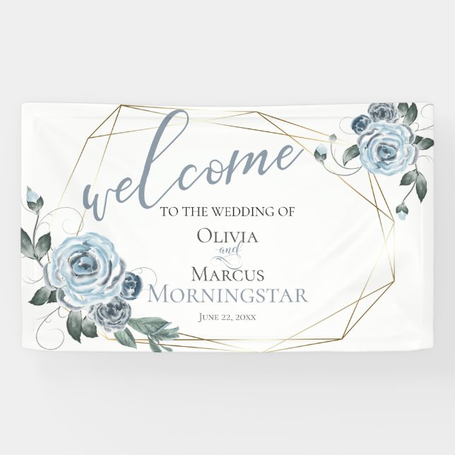 Banderoles Accueil du Mariage Floral bleu Dusty (Horizontal)
