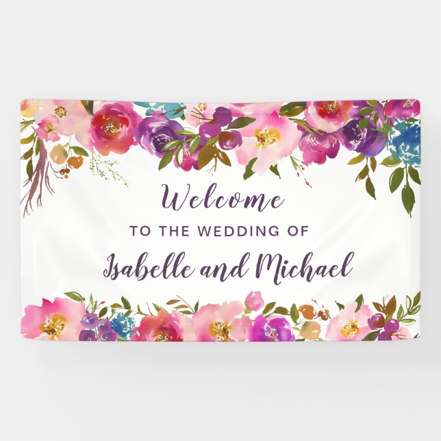 Banderoles Accueil mariage Aquarelle violette et rose Floral (Horizontal)